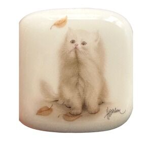 Otagiri Bob Harrison Tiny Trinket Box Lid White Persian Kitten Leaves Japan